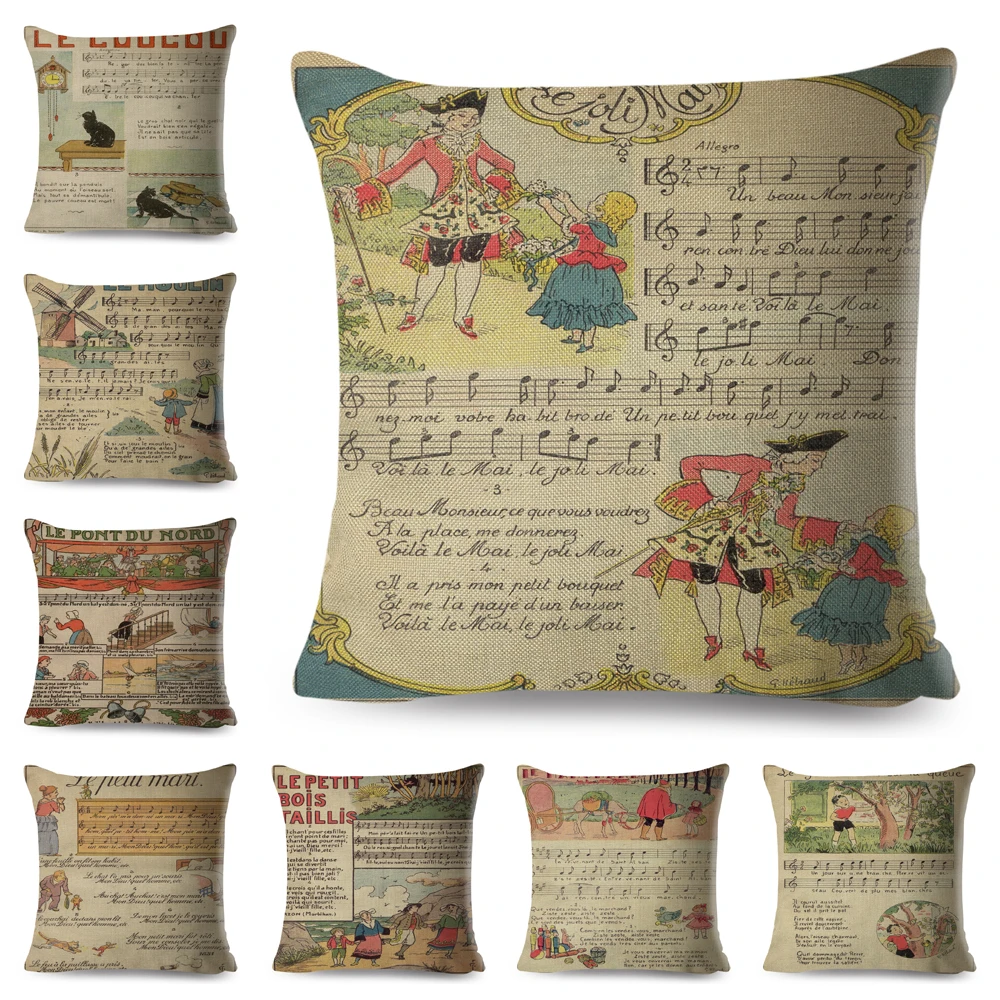 Vintage European Poster Children Pillowcase Decor Cartoon Music Staves Pillow Case Polyester Cushion Cover for Sofa Home Chair