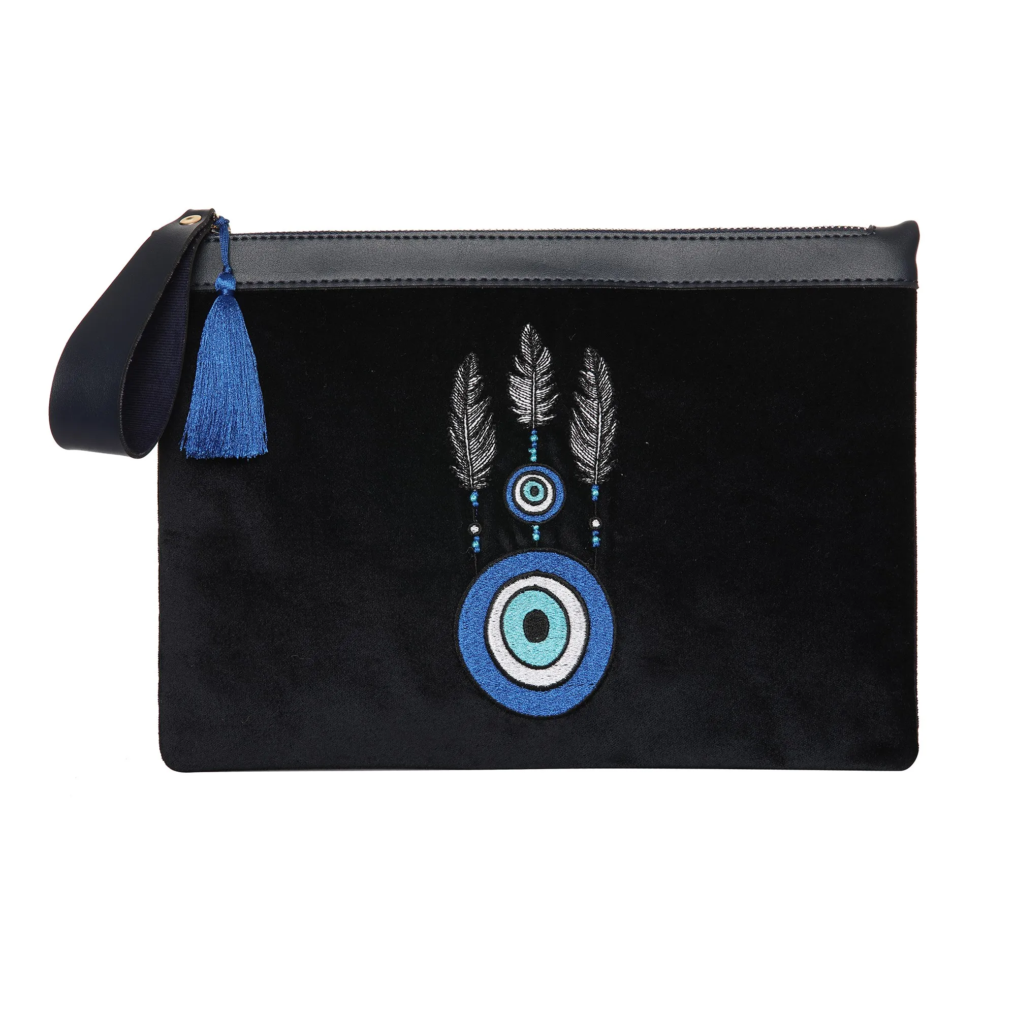 Dream Catcher Embroidered Velvet Clutch Bag, Embroidered Handbag with Leather Wristed Strap and Saxe Silk Tassel, Embroidery Clu