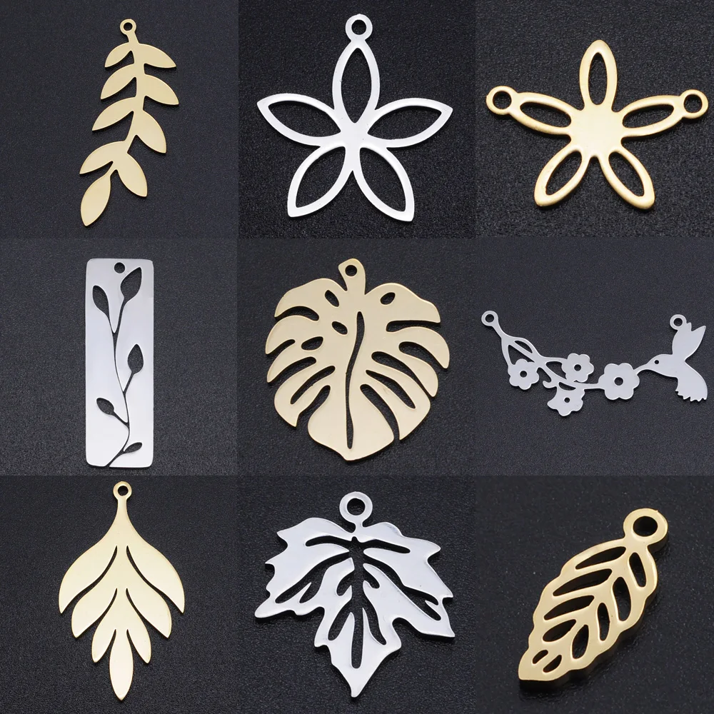 10pcs/lot Flower Leaf DIY Charms Wholesale 316 Stainless Steel Natural Bird Connectors Charm Turtle leaves  Jewelry Pendant