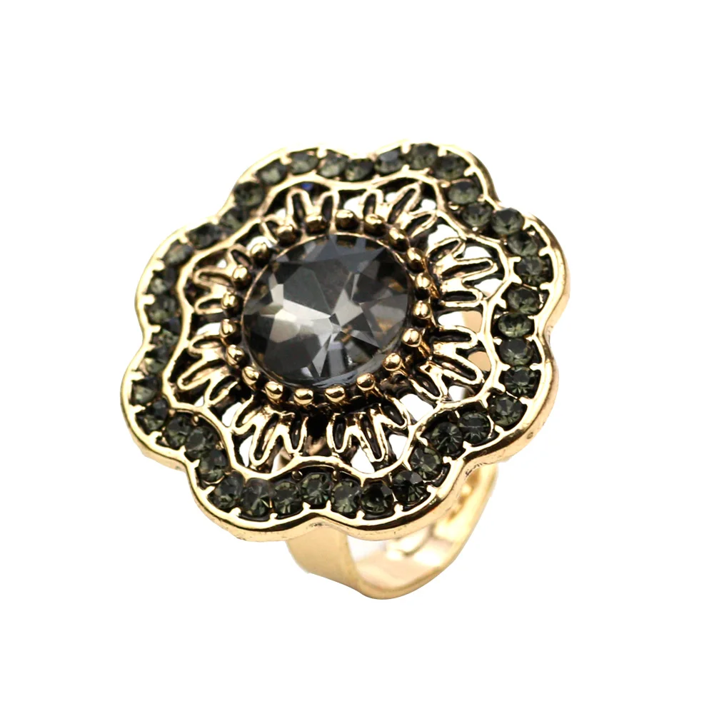 Sunspicems Vintage Turkish Sunflower Ring Boho Women Gray Crystal Ring Antique Gold Color Adjustable Size Bride Jewelry Gift