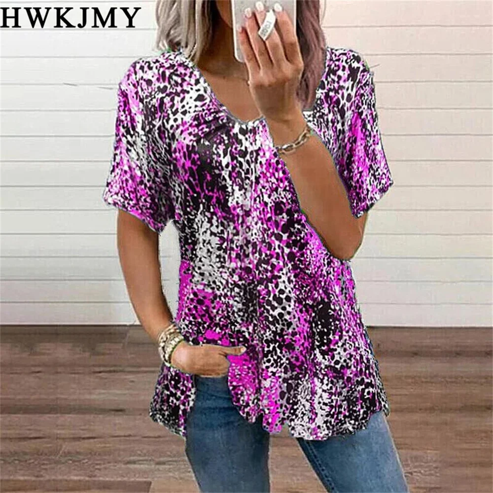 Summer Women\'s Clothing V-neck Short Sleeve Tops Printed Tees Casual Loose T-shirt Ladies Zipper Tee XS - 8XL