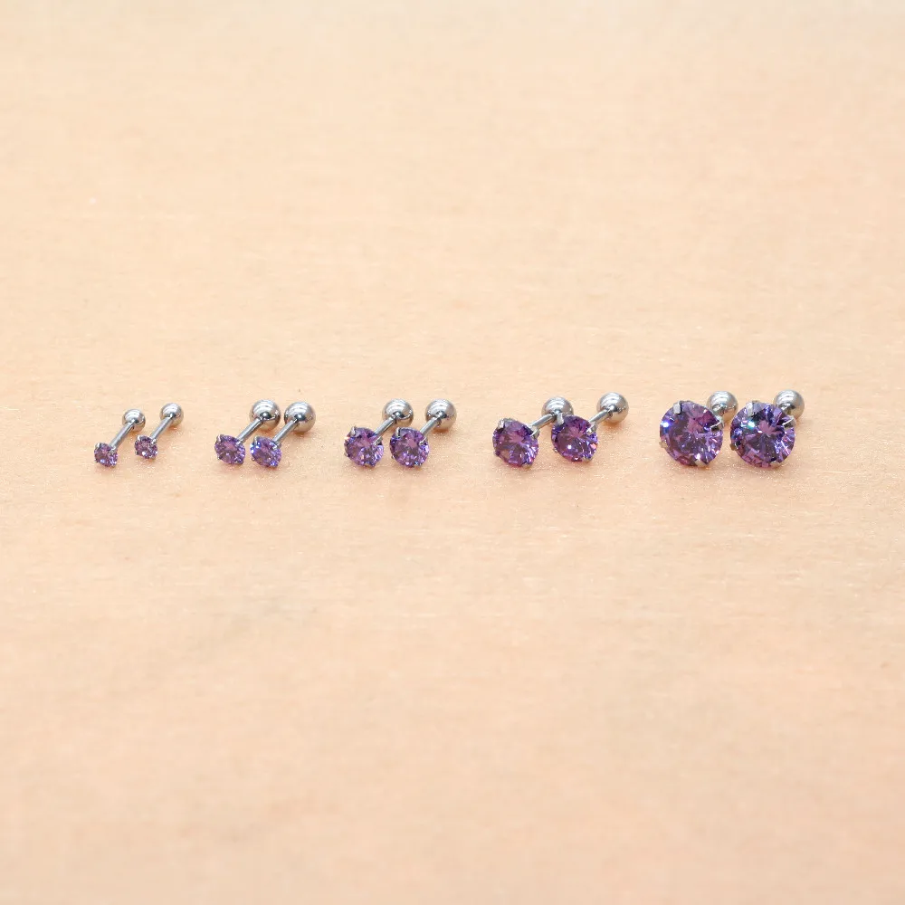 The Screw-back Stud Earrings Purple Zircon The Needl is 1.2*6mm 316L Stainless Steel No Allergy Never Fade