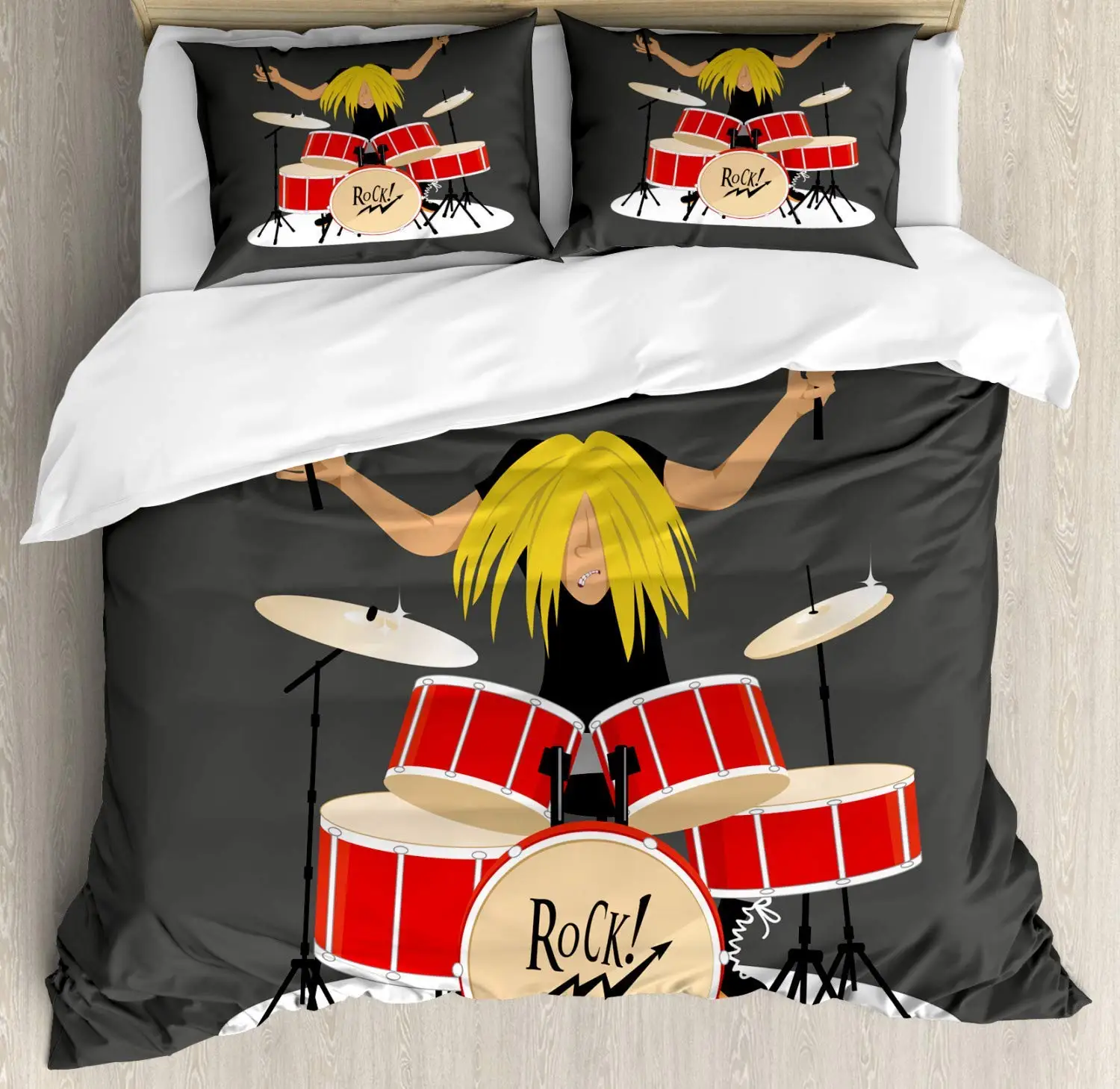 Drums Duvet Cover Set Cool Calligraphic Layout of a Young Boy Rock and Roll Performance Decorative 3 Piece Bedding Set