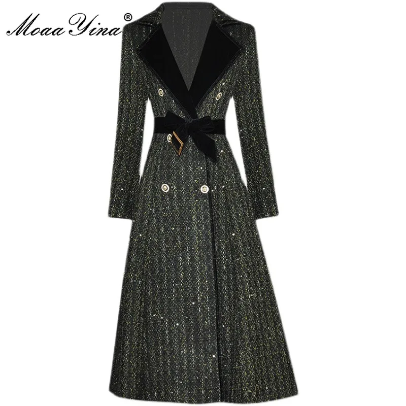 MoaaYina Designer Fashion Winter Woman Black Overcoat Turn-down Collar Double Breasted Sashes Casual Overcoat Coat