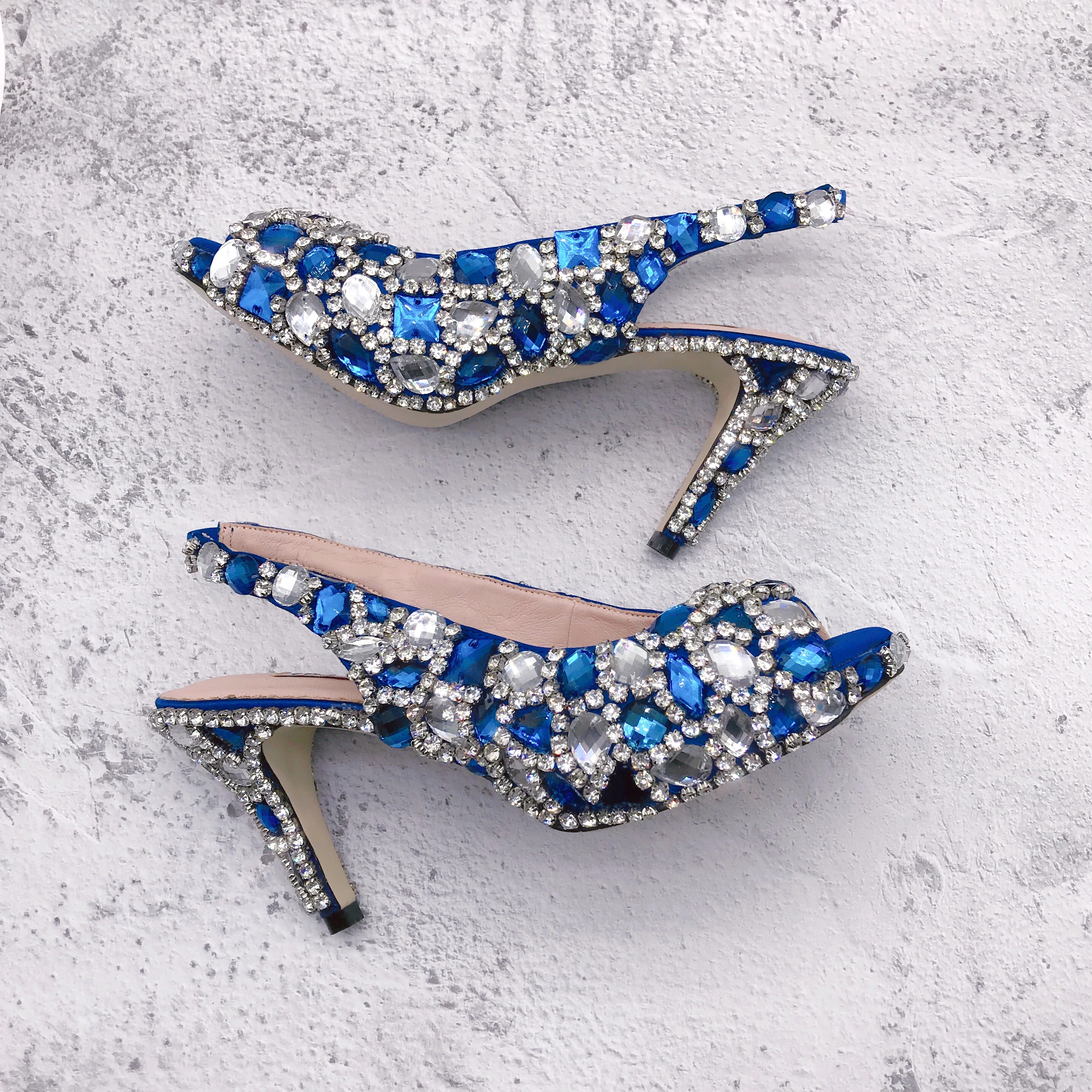 BS1314  Custom Made Women Bridal wedding Shoes Slingbacks  Open Toe  Royal Blue Stones Shoes with Matching Bags Set