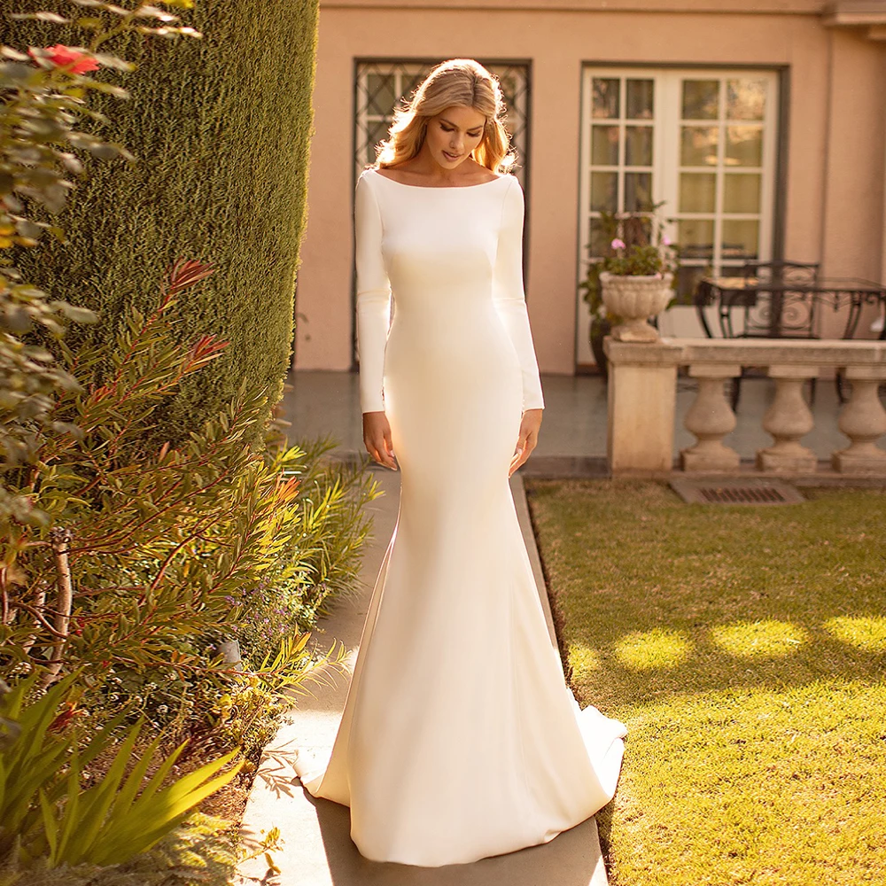 

Simple Mermaid Bridal Gown With Long Sleeves Sweep Train White Wedding Dress For Woman Customized Vestido De Novia Bateau