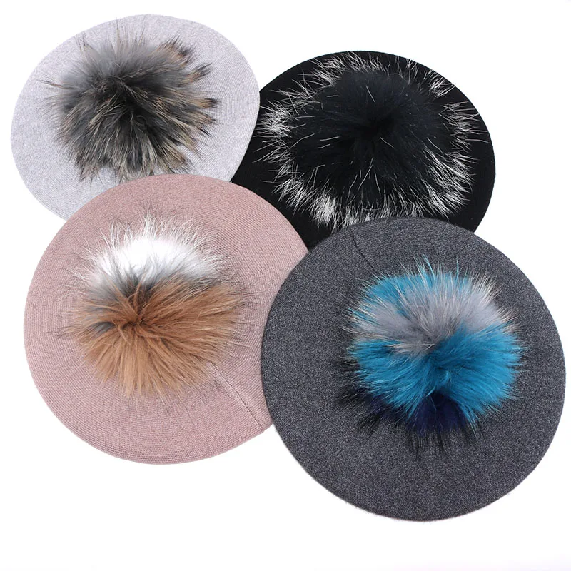 

Casual Warm Multi-color real fur pompom Berets Caps For Women 2021 Winter Ladies Hats Wool Slouchy Skullies Beanies French Beret