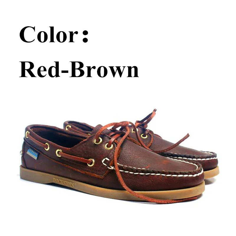 Genuine Leather Shoes Men Boat Shoes Mens Casual Shoes Loafers Genuine oil Wax Leather Handmade Shoes Comfortable Breathable