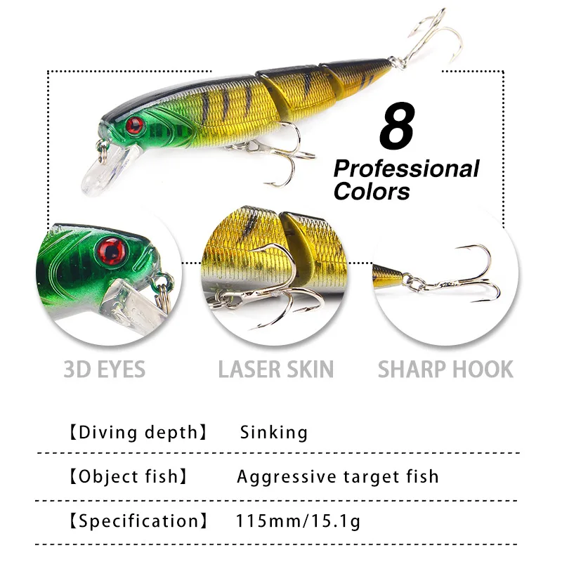 1 pçs wobblers isca de pesca multi-seção duro bait110mm 15g isca artificial minnow isca cambota poleiro carpa pesca enfrentar isca