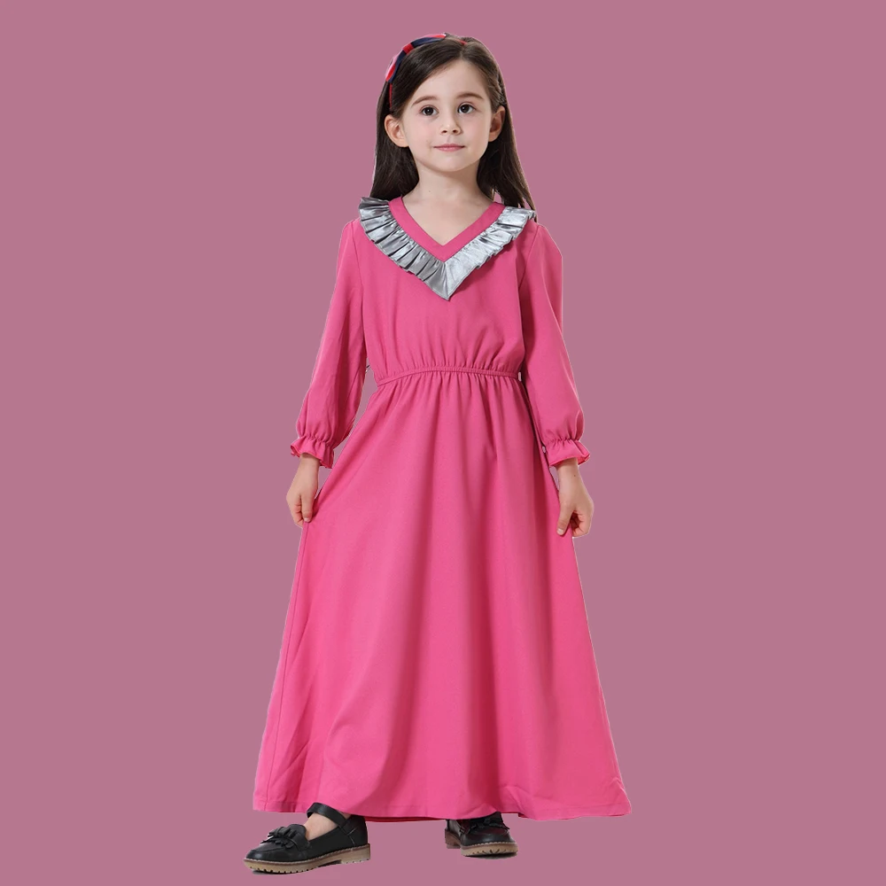 

Muslim Southeast Asian Girl V-Neck Maxi Dress Cute Muslim Children Abaya Kids Long Dresses Girl Dress Robe Islamic Clothing