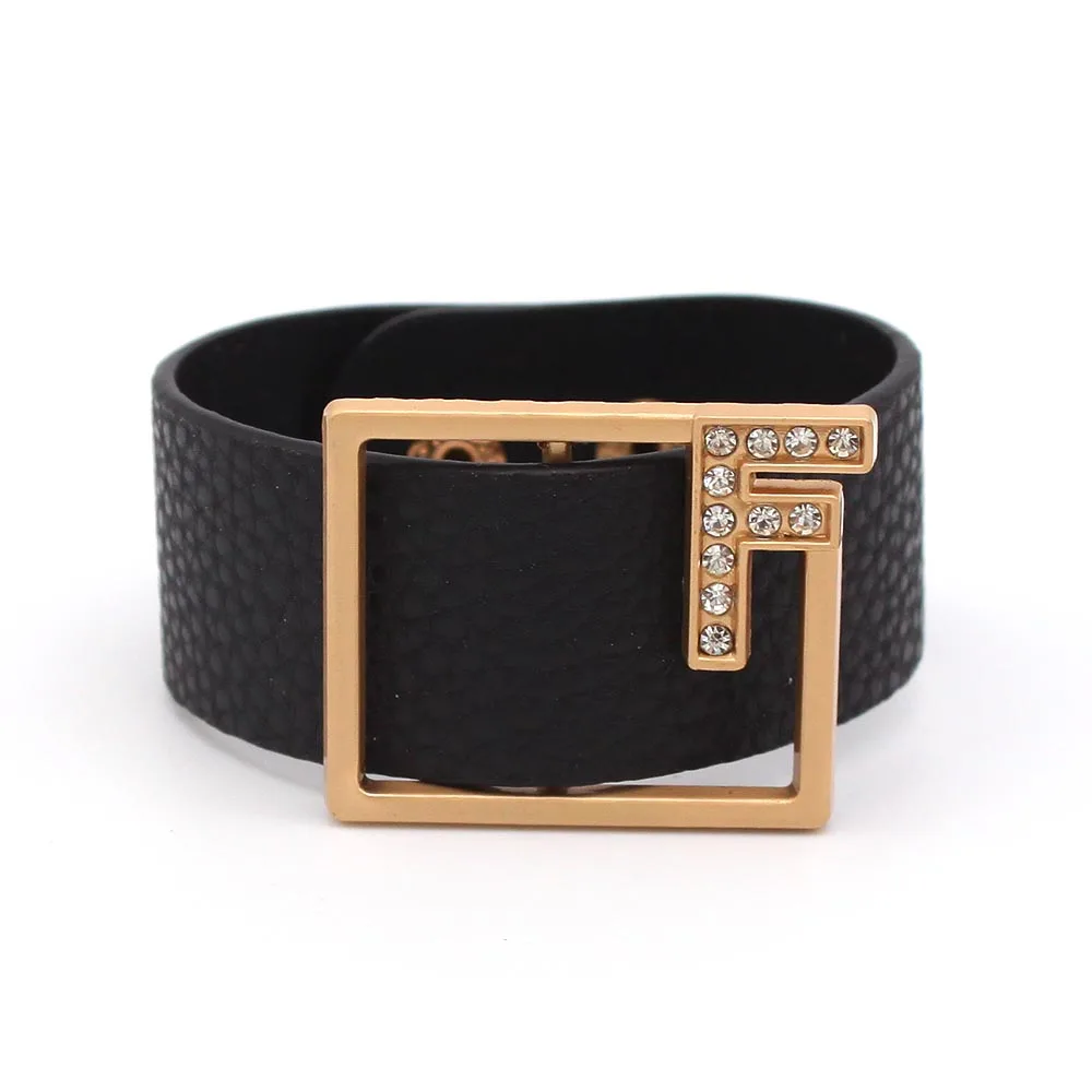 TOTABC Fashion Black Leather Bracelet Crystal F Wristbands Wrap Bracelet