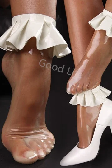 

Handmade 100% Pure Latex Socks transparent latex sock with white ruffles lace