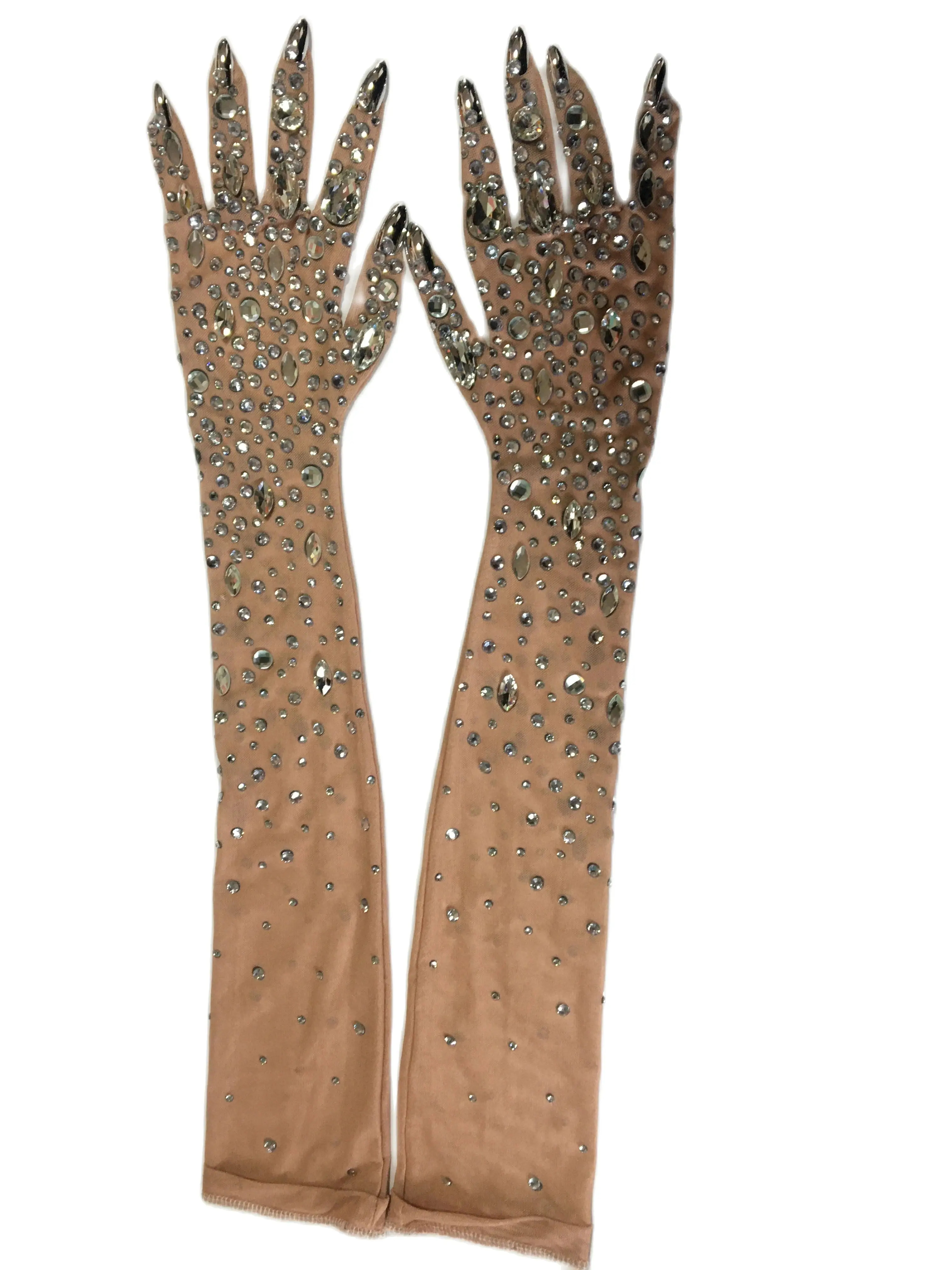 Sexy Stage Stretch Rhinestones Gloves Women Sparkly Crystal Mesh Long Gloves Dancer Singer Nightclub Dance Stage Accessories