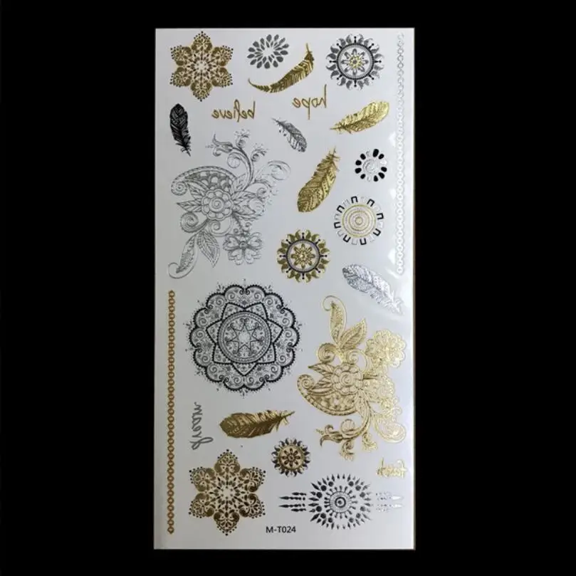 

Waterproof Temporary Tattoo Sticker Metallic Gold Silver Mandala Henna Feather Flash Tatoo Female Hand Back Body Art T1819