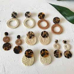 Korea Handmade Wooden Straw Weave Rattan Vine Braid Drop Earrings Fashion leopard print Geometric Long Earrings women wholesale
