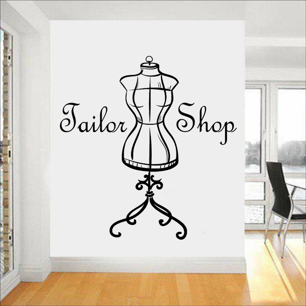 Calcomanía de pared de tienda de costura, logotipo de tienda de sastre, Vintage, maniquí, pegatinas de pared autoadhesivas, decoración del hogar, tienda, ventana, Z391