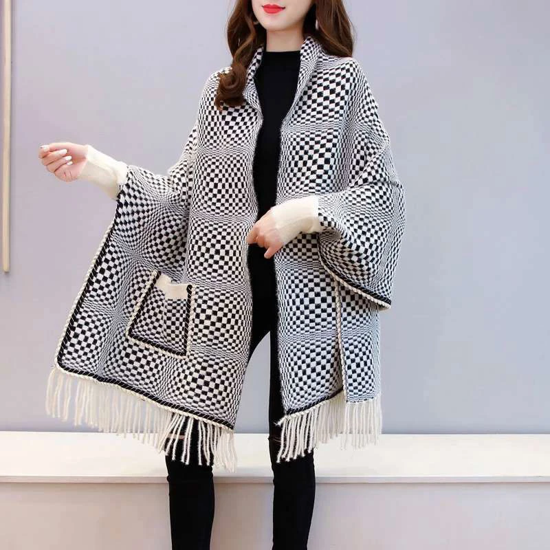 

Wholesale Fashion Winter Warm Women mink velvet Plaid Shawl With Sleeves Soft Knitted Pocket Sweater Tassel Pashmina Poncho Cape