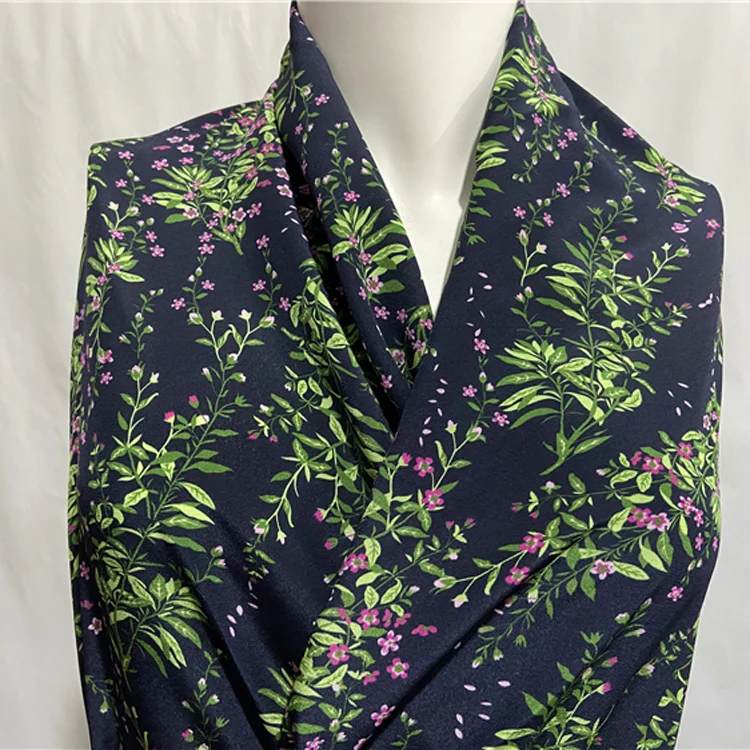 Pure silk crepe de chine fabric green leaves and floral print on navy blue bottom,SCDC1231