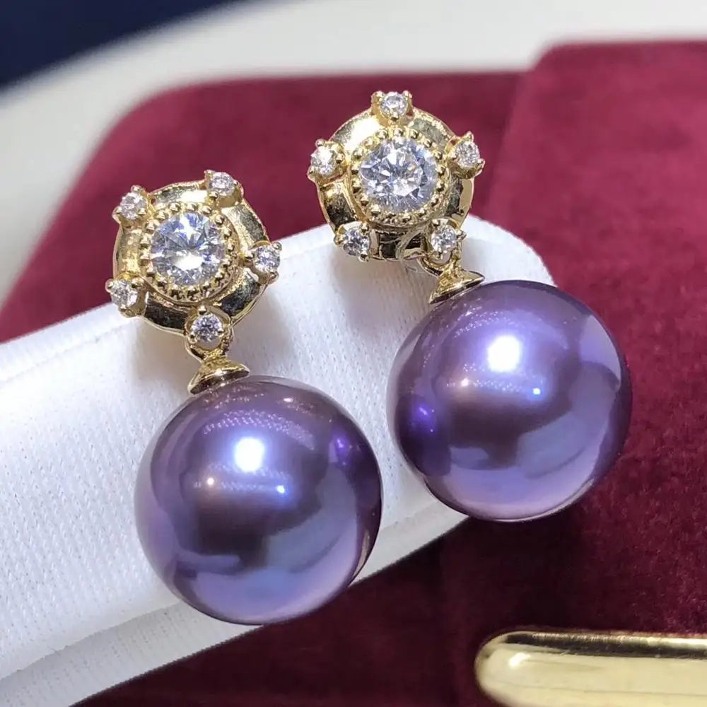 

Fine Jewelry Pure 18 K Yellow Gold 11-10mm Natural Purple Round Pearls Earrings for Women Fine Pearl Earrings