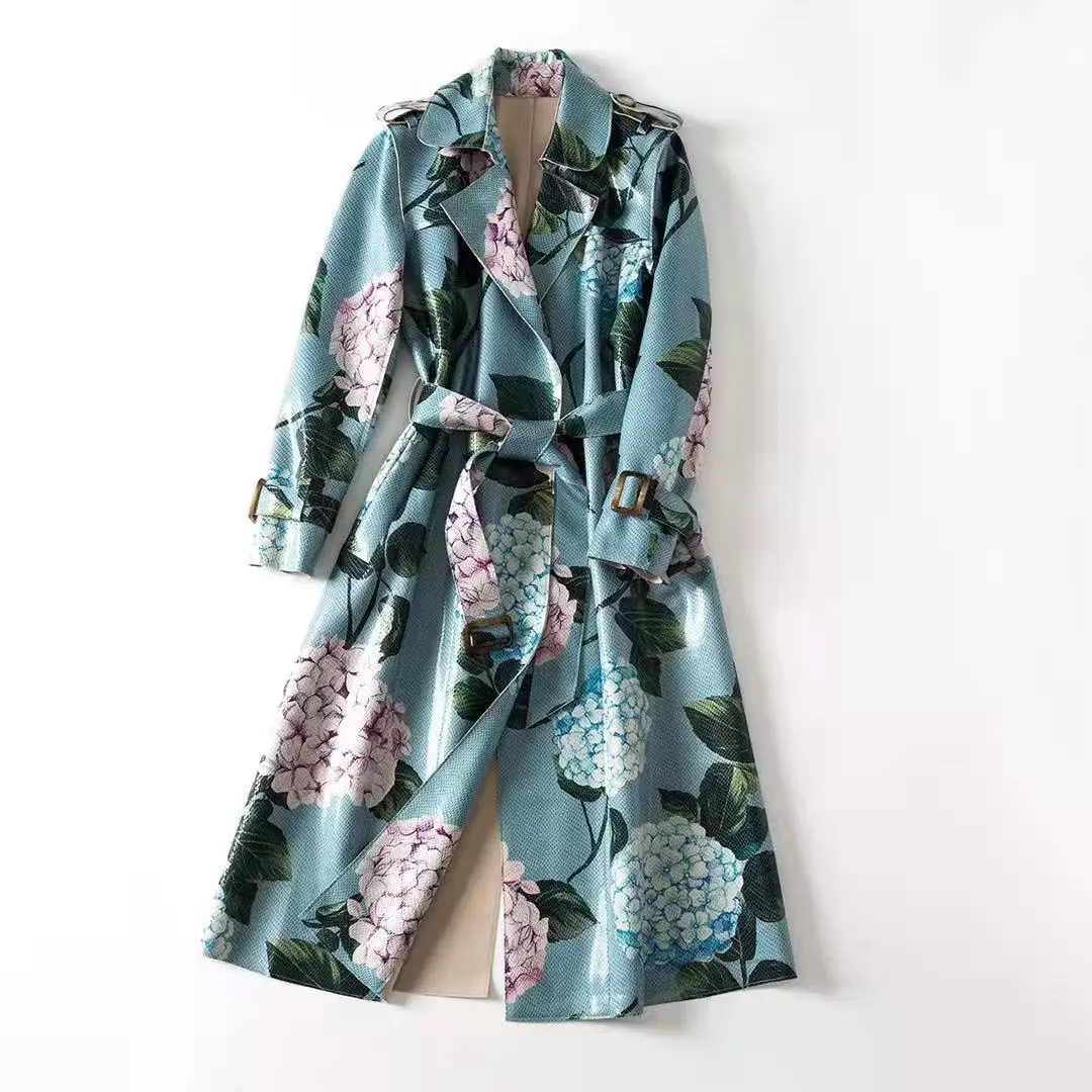 

European and American women's clothing winter 2022 new Long sleeve hydrangea print Fashion suede belt trench coat