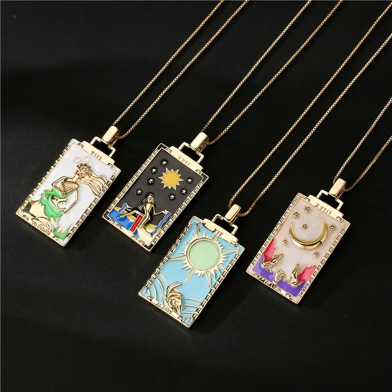 Vintage Tarot Sun Moon Neckalce Oil Painting Drop Oil Pendant Necklace Vintage Copper Micro-inlaid Tribal Stylish Jewelry