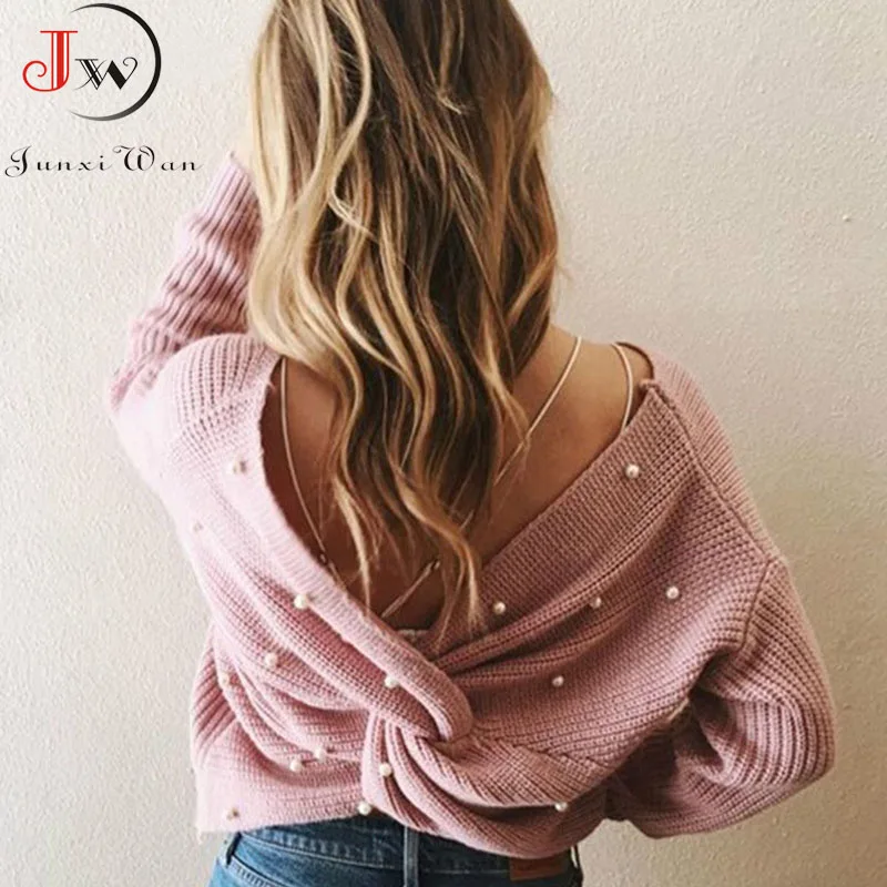 Women Back Criss Cross Beading Knitted Sweater Autumn Winter Elegant OL Warm Pullovers Fashion Solid Jumper Knitwear Pull