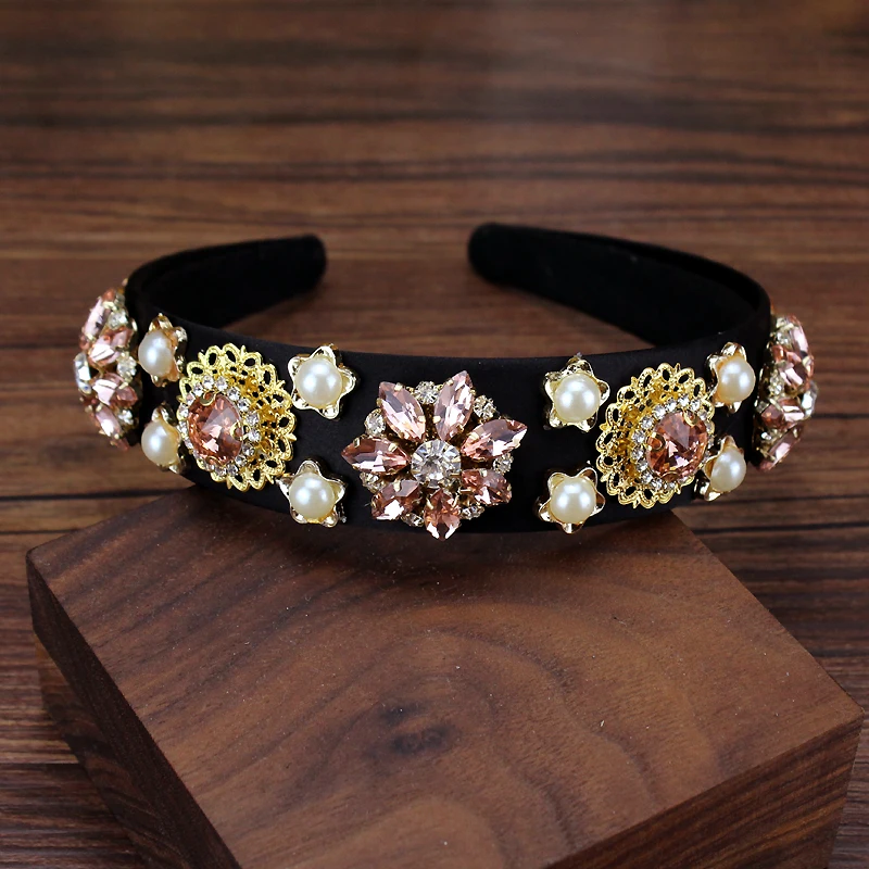 Handmade Luxury Crystal Vintage Hairband Opal Pearl Flower Baroque Headband For Women Hair Accessories