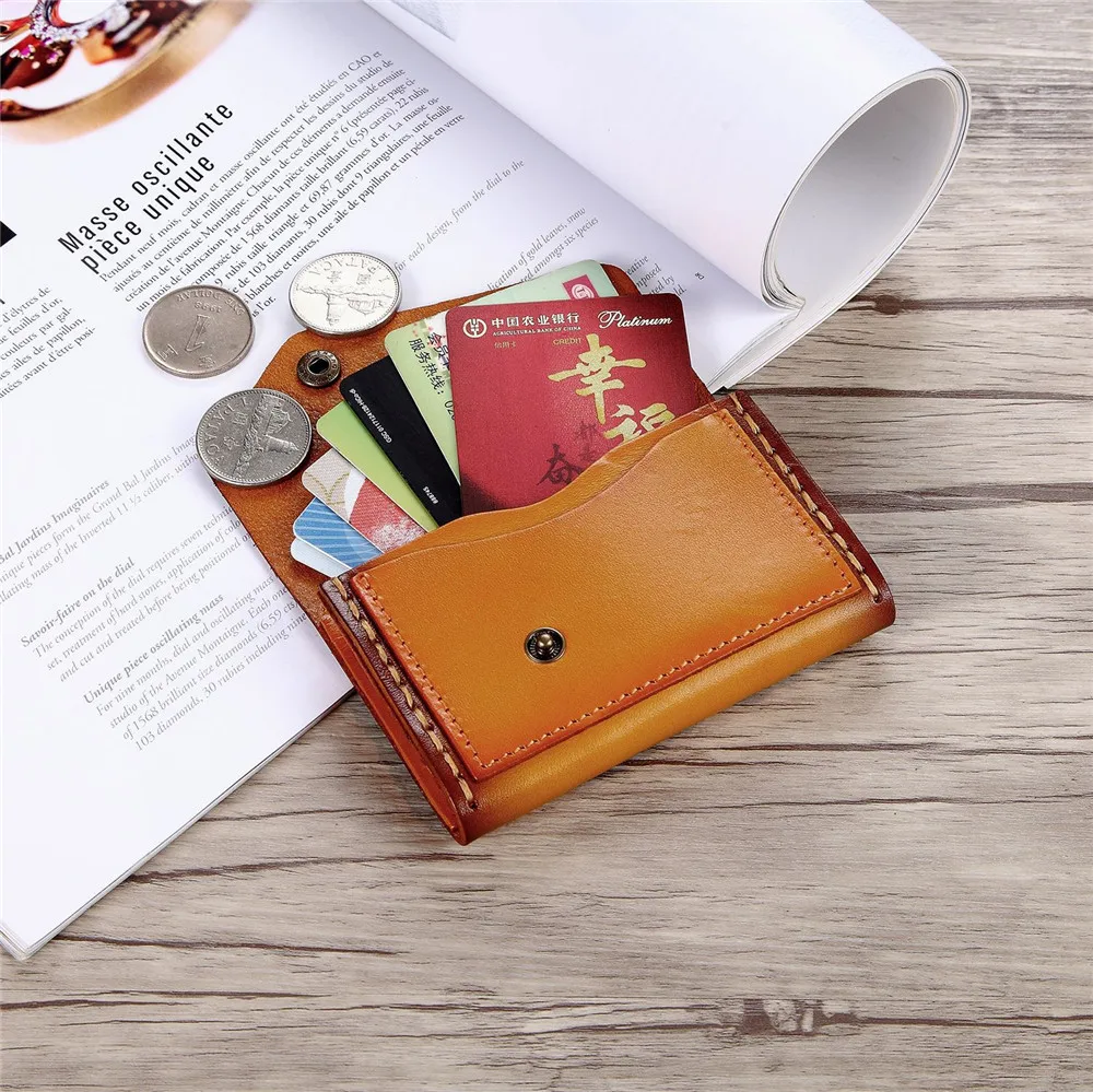 Vintage Handmade Card Package Key Case Vegetable Tanned Leather Coin Purse Black Bag Wallet Hasp Purse for Women Lady Bag