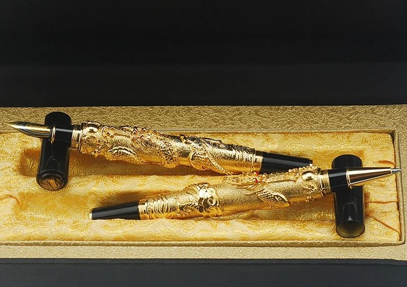 Jinhao Elegant Golden Color Fountain Pen, Rollerball Pen Oriental Dragon Series Heavy Pen Iridium Fine Nib W/Gift Box Set