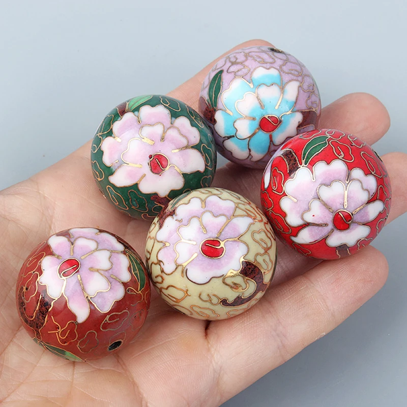 Handmade Polished Enamel Filigree Large 30mm Round Bead Cloisonne Copper Fancy Accessories DIY Necklace Jewelry Making