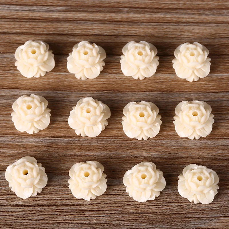 10 pieces/lot Carved Lotus Flower Beads Beige Color Resin Beads 10x14mm for Jewelry Making Accessories