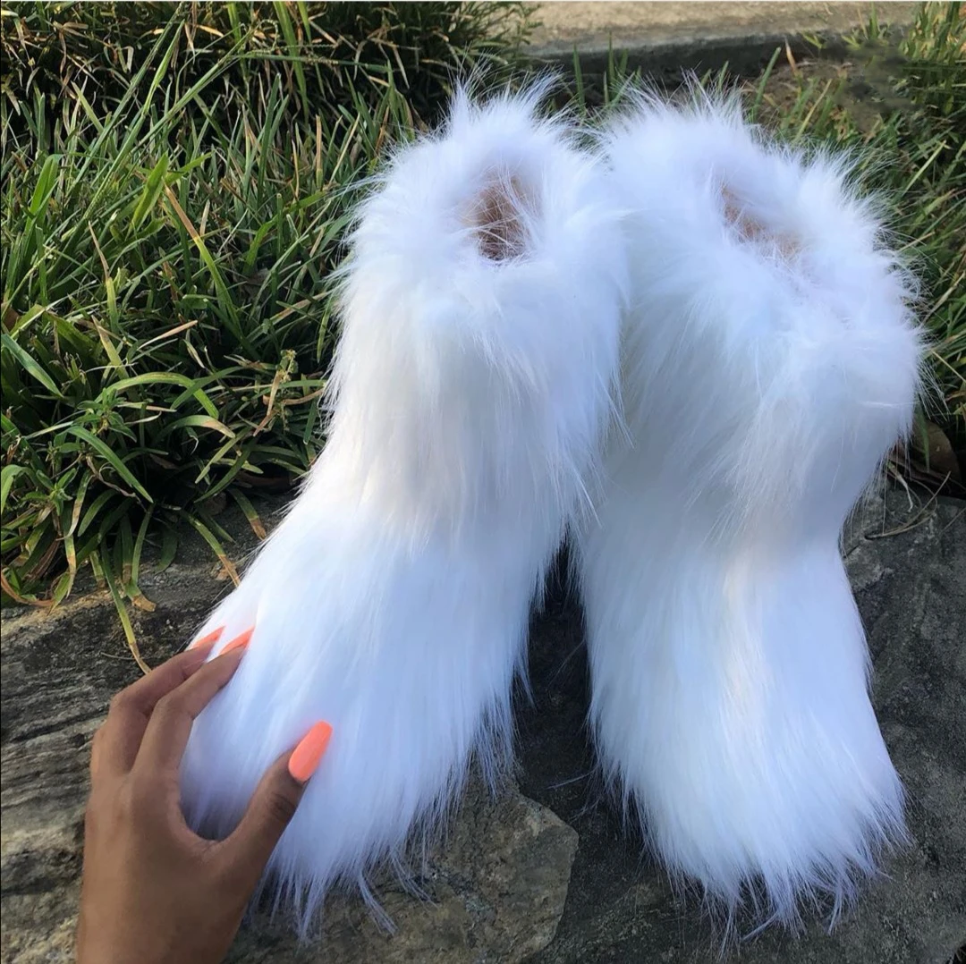 Boot Female Women Lady Faux Fox Fur Ankle Boot Bag Headband Set Furry Snow Boots Fluffy Plush Boots Amazing Shoes and Purse