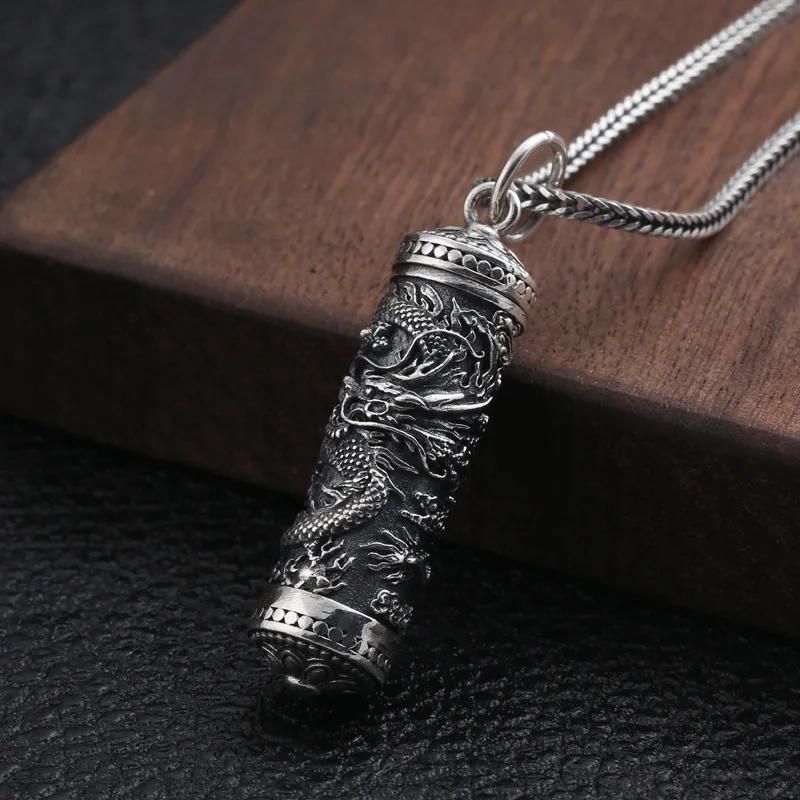 S925 Sterling Silver Vintage Thai Silver Ancient Tube Jewelry Engrave Dragon Design Men Memorial Pendant Holder Ash Urn Necklace