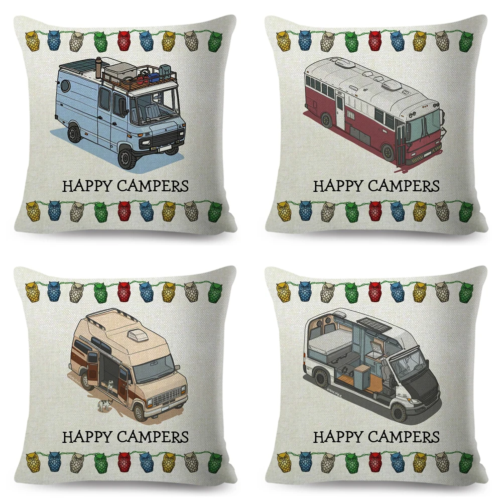 Happy Camper Van Life Pillow Case Decor Cartoon House Travel Car Cushion Cover for Sofa Home Children Room 45x45cm Pillowcase