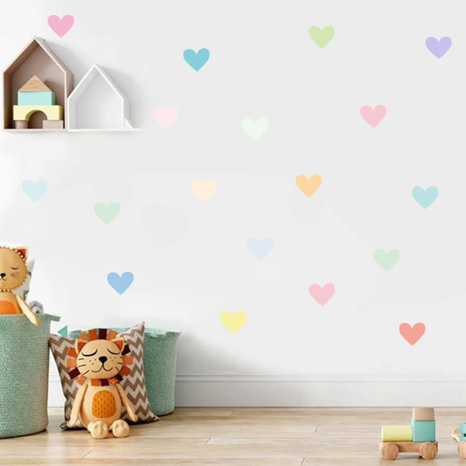 18Pcs Watercolor Heart-shaped Nursery Wall Art Decals Vinyl Wall Stickers PVC Wallpaper Mural Kids Bedroom Removable Home Decor