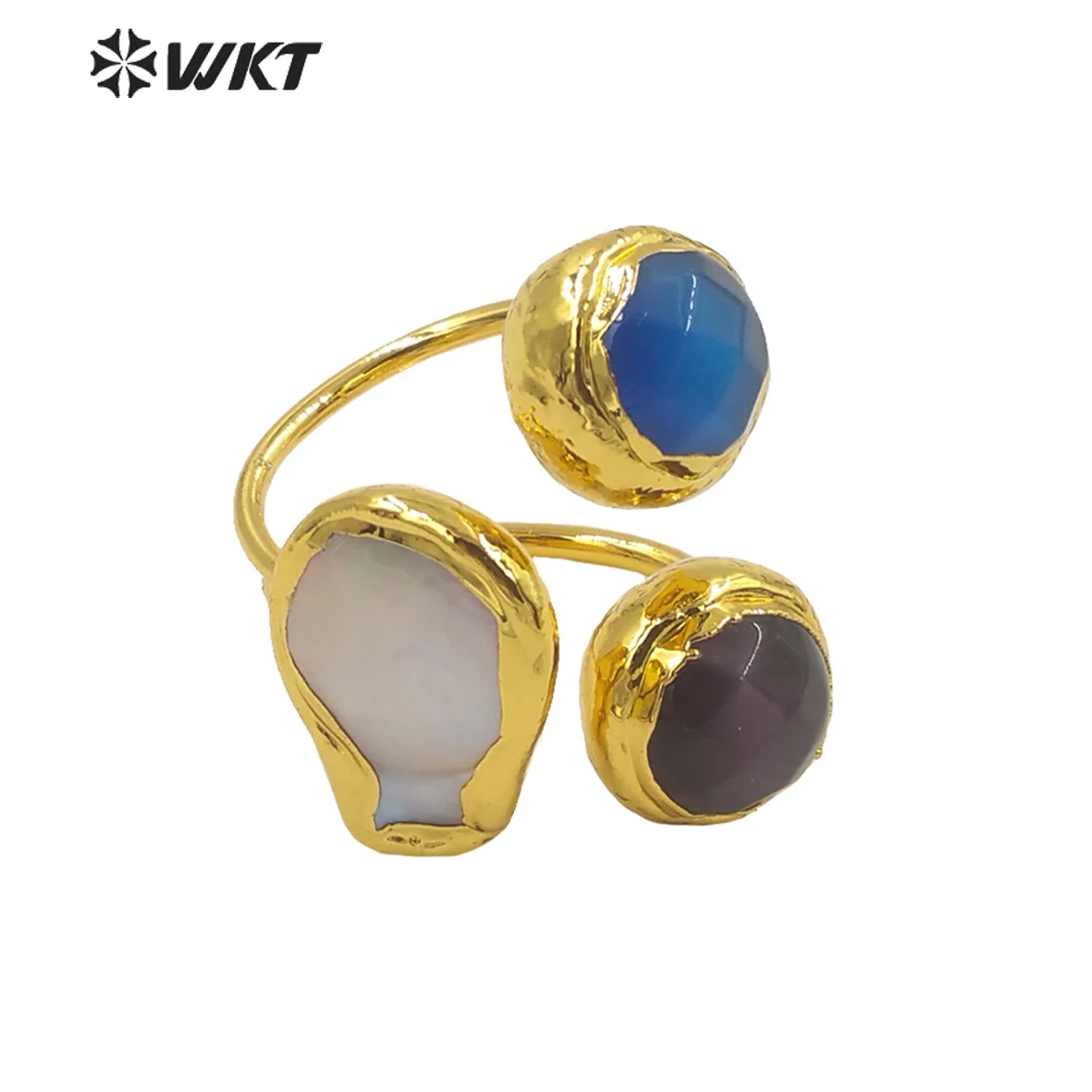 WT-R372 Wholesale Fashion Gold Triple Round Stone Ring Women Natural Cat Eye And Pearl Adjustable Size America Design Decoration