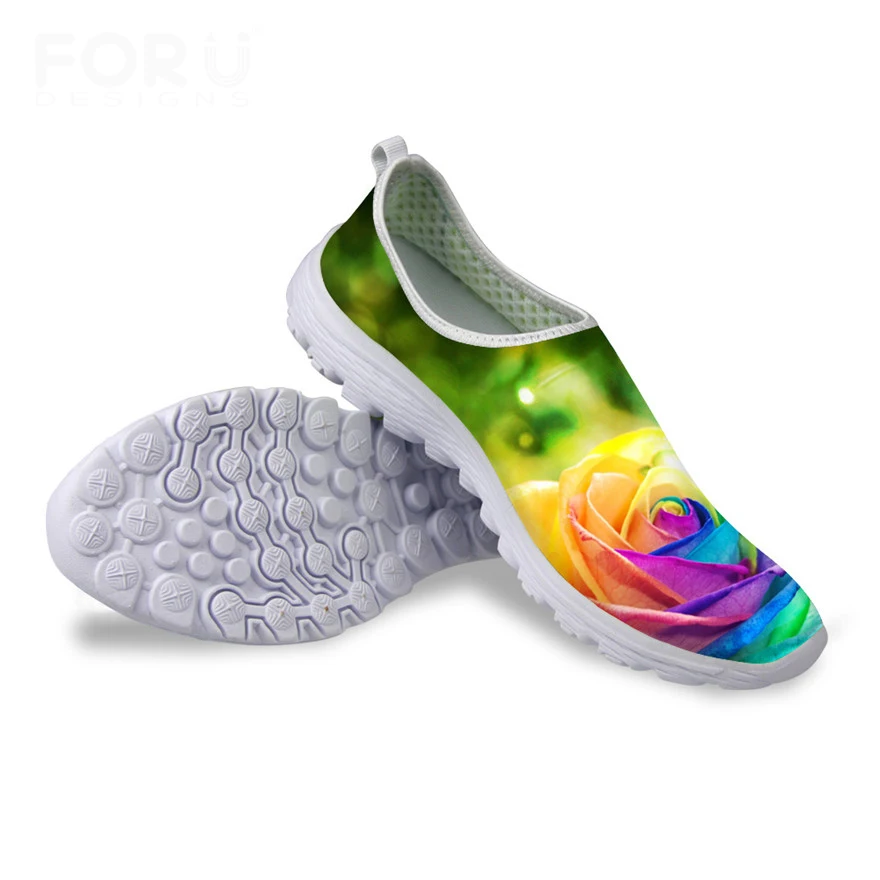 

WHEREISART Fashion Women Summer Beach Mesh Shoes Ladies Comfortable 3D Flower Printed Shoes Woman Casual Flat Lightweight Shoes