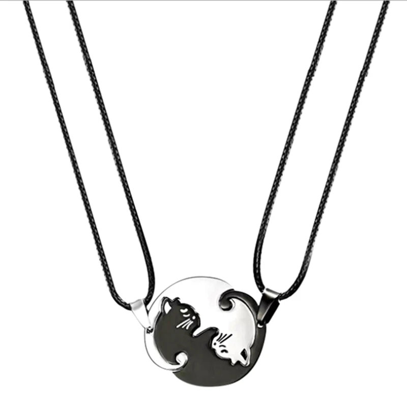 Collar de pareja de gato de empalme, colgante de corazón de amor de acero inoxidable, redondo, Yin Yang, joyería de moda, regalo Unisex, 1 Juego
