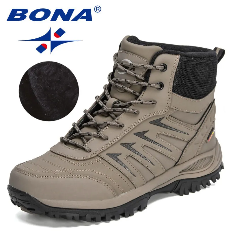 BONA-Ankle Boots de Pelúcia Quente para Neve Masculina, Tênis Antiderrapantes, Botas de Caminhada, Couro de Ação, Designers Brand, Inverno, Novo,