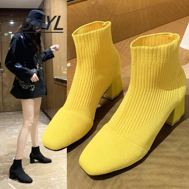 2021 Autumn and Winter New Knitted Socks Boots Women Thick Heel High Heel Small Short Boots Single Tube Elastic Boots Women