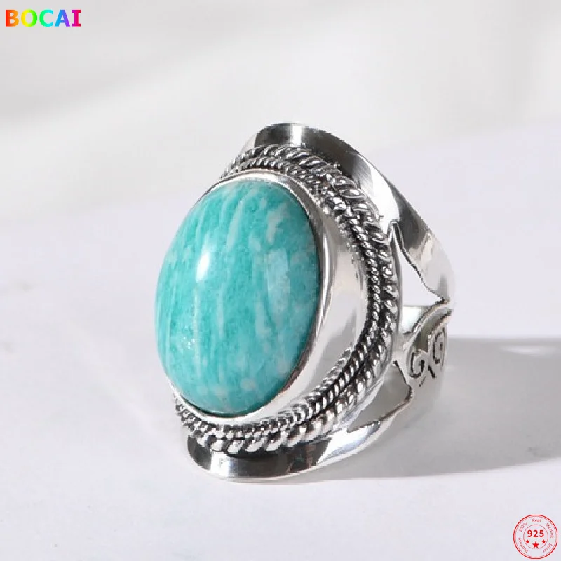 S925 Sterling Silver Charm Rings 2021 Popular Hollow Hemp Rope Pattern Amazonite Jewelry Pure Argentum Hand Ornaments for Women