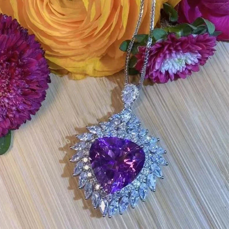 Huitan Gorgeous Charming Heart Purple CZ Wedding Necklace for Women Brilliant Neck Accessories Party Lady's New Trendy Jewelry