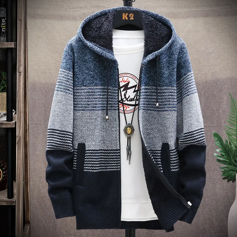 Áo Khoác Cardigan Nam Áo Len Áo Khoác Mùa Đông Trang Áo Len Dệt Kim Áo Khoác Nam Áo Len SọC Áo Khoác Ấm Dây Kéo Len Trùm Đầu Cardigan Nam