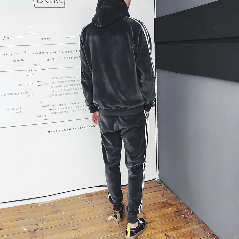 Fashion Sets Mens Autumn Winter Hooded Casual Sportswear Sweatpants New Running Pants Korean Style Vintage Male Two-Piece Suit