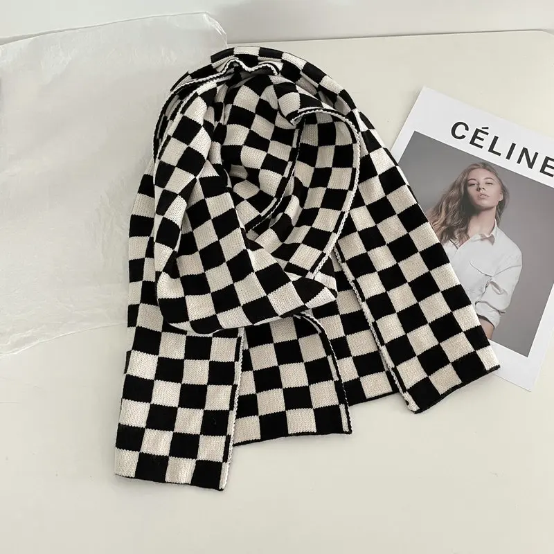 OMEA Twist Knit Scarf Women Winter Accessories Black and White Chessboard Plaid Patchwork Scarf Luxury Fashion Shawl Geometric