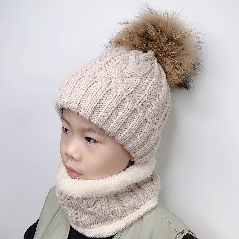 Winter Baby Hat Scarf Set Real Raccoon Fur Pompom Hats For Kids Fleece Inside Pompom Beanie Girls Boys Cap