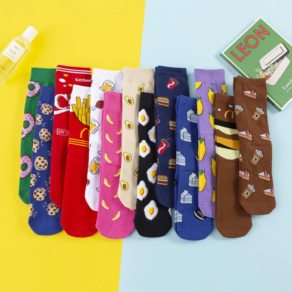 Hot Sales Funny Socks Women Casual Cartoon Fruit Banana Avocado Lemon Egg Cookie Donuts Happy Japanese Harajuku Skateboard Socks