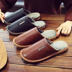 Autumn and winter cow skin cotton slippers men's and women's indoor antiskid warm waterproof couple leather cotton slippers