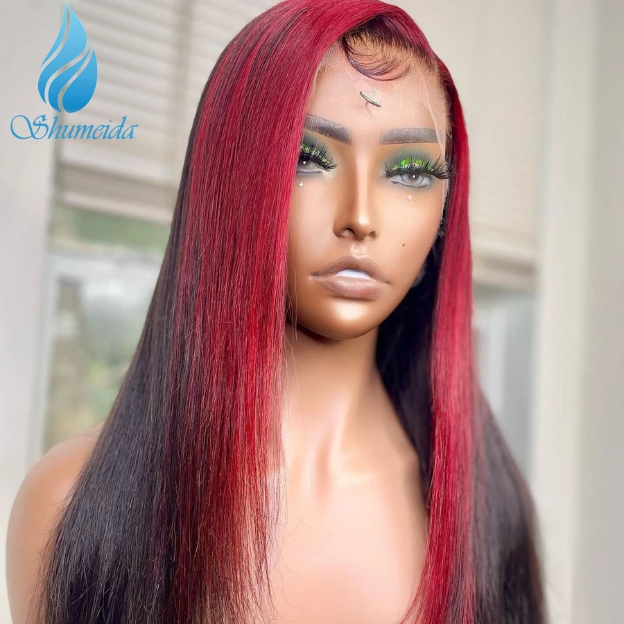 Shumeida Ombre Red Color 13*6 Lace Front Wigs with Baby Hair Peruvian Remy Human Hair Gluelss Wig for Women PrePlucked Hairline