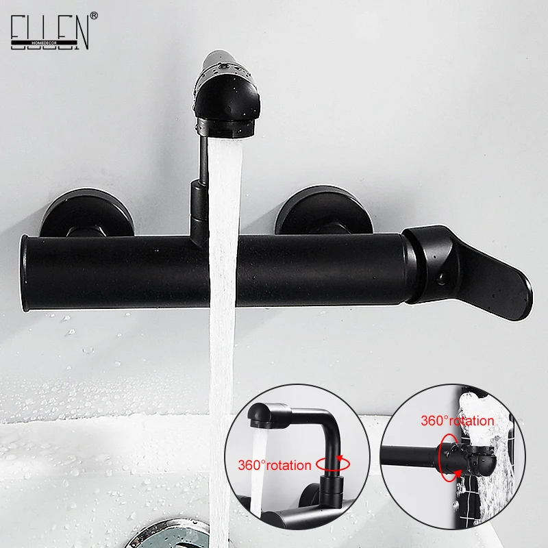 ELLEN Wall Sink Faucet Hot Cold Water Mixer Black Tap Two Holder Wall Mouned Kitchen Faucets ELK5884